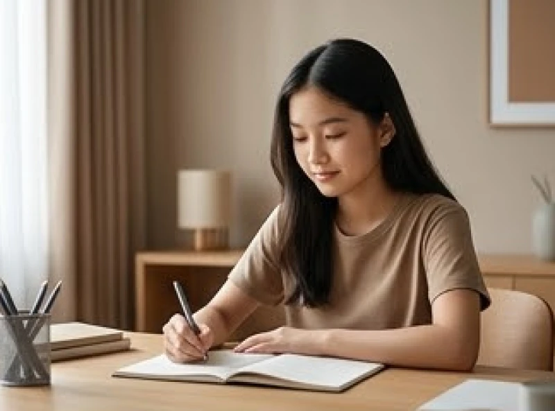 Nữ sinh tuổi Tân Mão đang tập trung cao độ tại bàn học, toát lên phong thái điềm tĩnh đặc trưng của cung Cấn hành Thổ