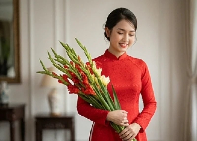 Cô dâu trẻ tuổi Dậu duyên dáng trong tà áo dài cưới màu đỏ cầm bó hoa lay ơn