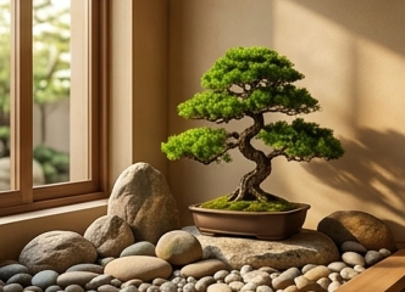 Không gian thiền định yên tĩnh với điểm nhấn là đá tự nhiên tượng trưng cho cung Cấn của nữ mạng