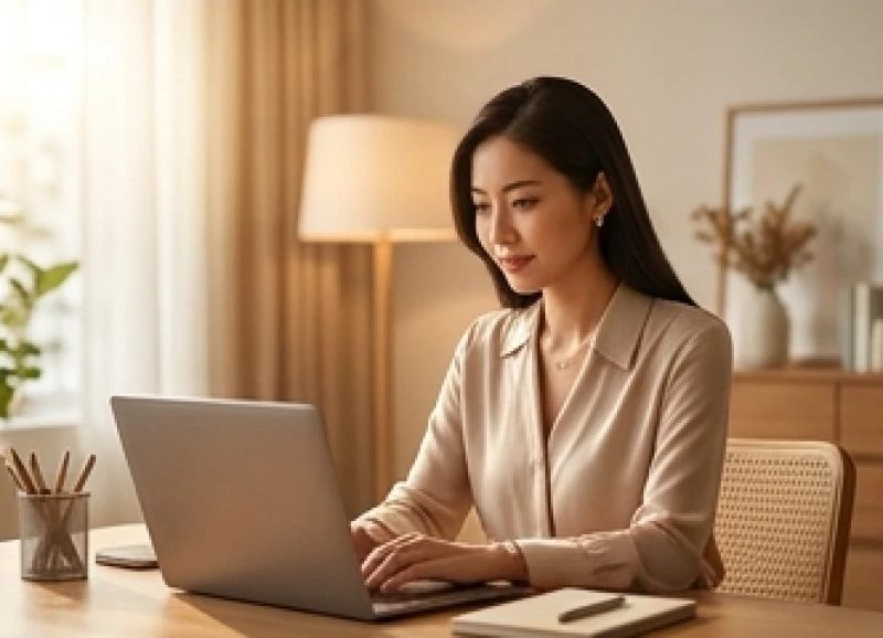 Người phụ nữ trẻ tuổi tự tin và tập trung làm việc tại văn phòng