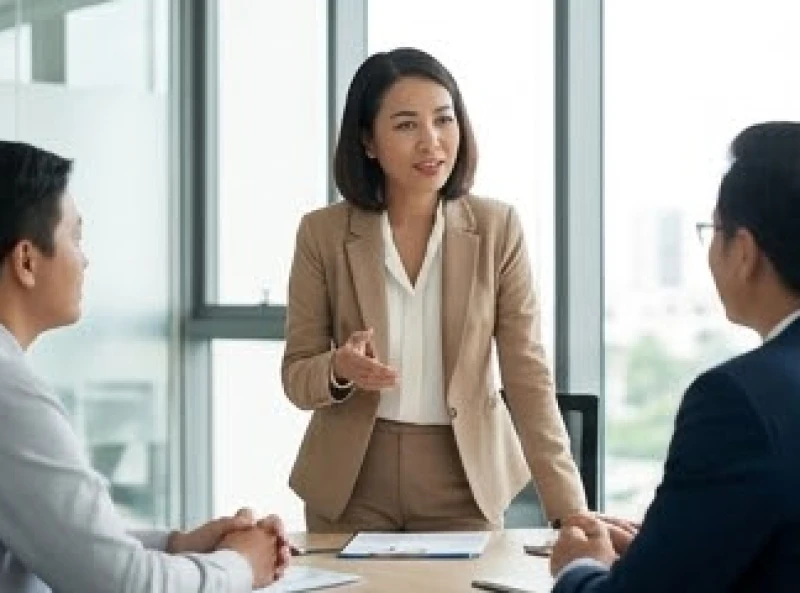 Nữ quản lý tuổi Tỵ tự tin điều phối cuộc đàm phán hợp đồng quan trọng trong phòng họp