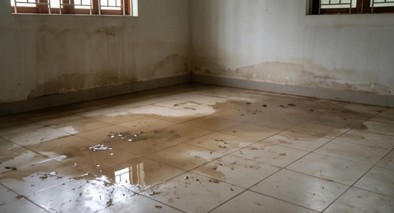 Nhà bị ngập là điềm gì: Phân tích theo nguồn nước & cách xả xui 2 Bùn đất và nước bẩn đọng lại trên mặt sàn nhà sau khi trải qua một trận ngập lụt kéo dài
