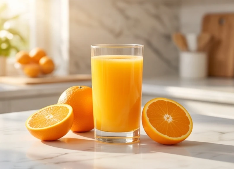 Ly nước ép cam tươi ngon hỗ trợ cung cấp dồi dào vitamin C giúp tế bào da tái tạo nhanh