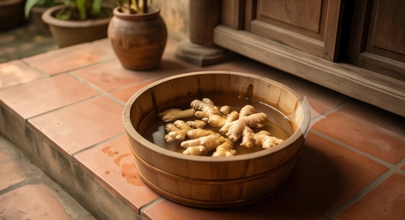 Chậu nước ấm pha gừng tươi giã nát dùng để thanh tẩy không gian và xua tan tạp khí