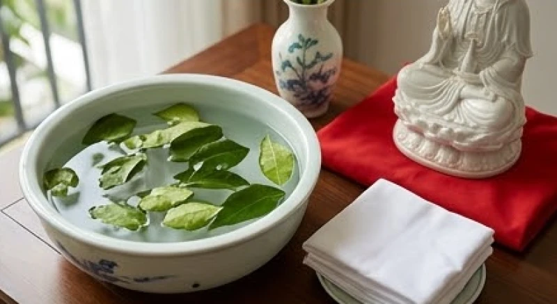 Văn khấn Phật Bà Quan Âm tại nhà: Trọn bộ bài cúng và nghi thức 5 Dùng nước lá bưởi và khăn sạch để lau rửa, sái tịnh tượng Phật mới trước khi an vị trên bàn thờ