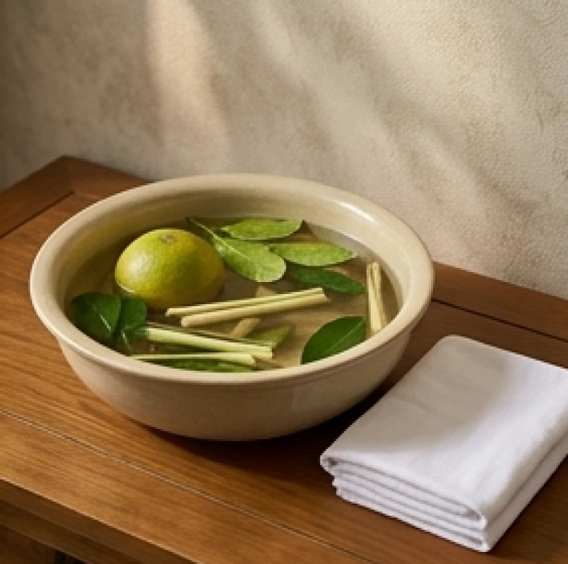 Chậu nước đun từ ngũ vị hương và lá bưởi dùng để lau dọn, tẩy uế bàn thờ và bát hương trước khi làm lễ an vị