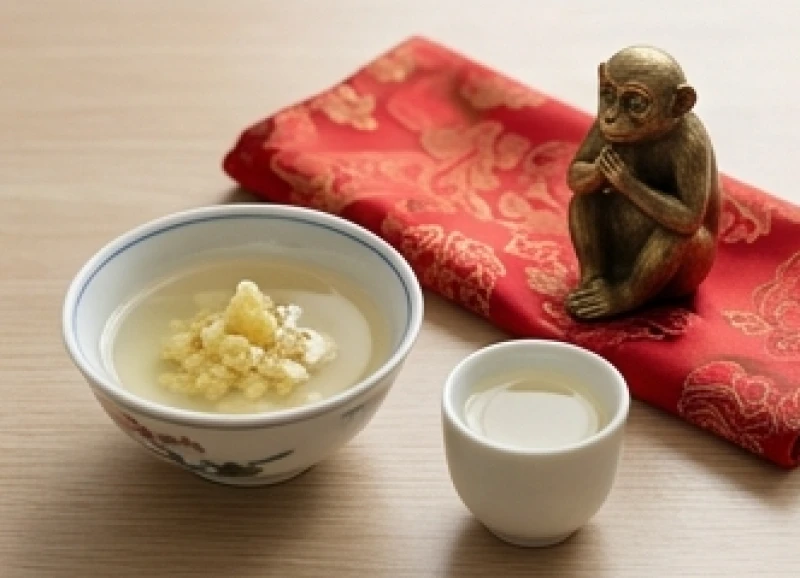 Chén rượu trắng và gừng tươi giã nhỏ được chuẩn bị kỹ lưỡng để lau chùi tượng linh vật trước khi an vị