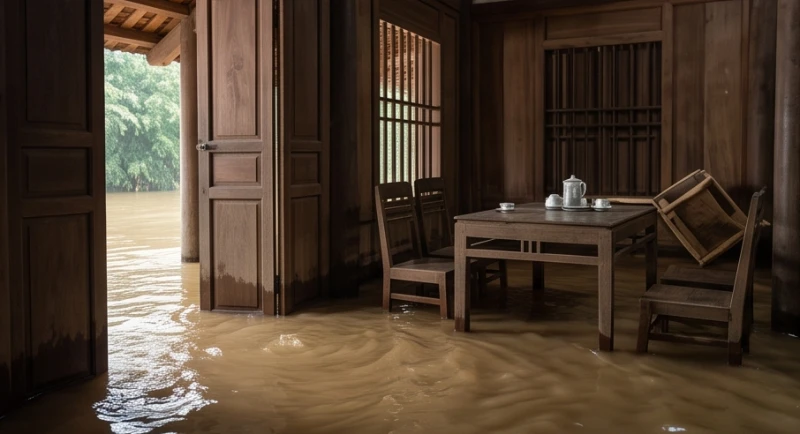 Nước lũ dâng cao tràn qua ngưỡng cửa vào bên trong ngôi nhà gỗ ấm cúng tạo cảm giác bất an