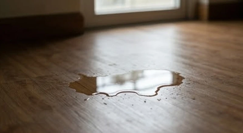 Nước mưa rò rỉ đọng thành vũng trên mặt sàn gỗ gây hỏng hóc đồ đạc