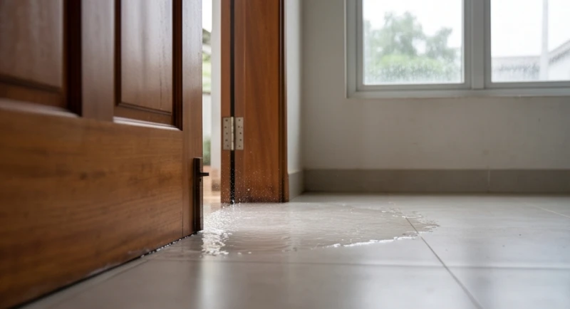 Nhà bị ngập là điềm gì: Phân tích theo nguồn nước & cách xả xui 1 Nước mưa trong sạch tràn nhẹ qua hiên nhà vào mặt sàn gạch men trong một ngôi nhà