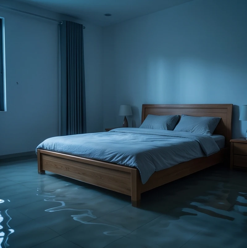 Căn phòng ngủ bị nước ngập mang tông màu lạnh lẽo ám chỉ sự rạn nứt trong các mối quan hệ tình cảm vợ chồng