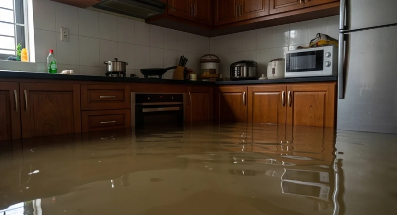 Nhà bị ngập là điềm gì: Phân tích theo nguồn nước & cách xả xui 5 Mực nước ngập sâu quá đầu gối xâm lấn vào khu vực tủ bếp gỗ và các thiết bị gia dụng trong nhà