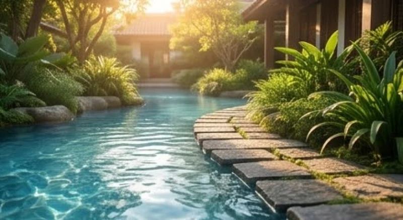 Dòng nước dâng cao trong xanh tràn qua một con đường mòn ngập tràn ánh nắng ấm áp buổi sáng