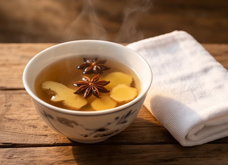 Bát nước pha rượu gừng và ngũ vị hương ấm nóng cùng chiếc khăn cotton mới chuẩn bị cho việc tẩy uế
