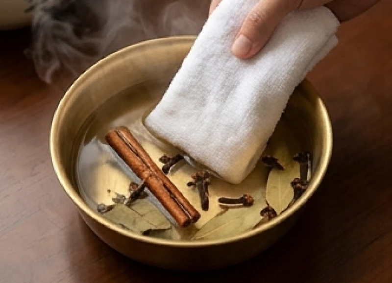 Một chiếc khăn sạch nhúng vào chậu nước ấm pha ngũ vị hương để chuẩn bị lau dọn tẩy uế