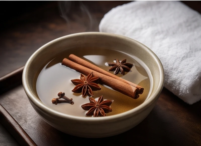 Chậu nước thảo mộc ngũ vị hương đang bốc khói nhẹ dùng để thanh tẩy linh vật trước khi an vị