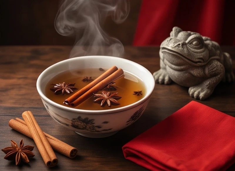 Thiềm thừ phong thủy tuổi Tý: Tra cứu ngũ hành và hướng bài trí 11 Nồi nước lá xông ngũ vị hương bốc khói nhẹ bên cạnh chiếc khăn bông đỏ dùng để khai quang tượng