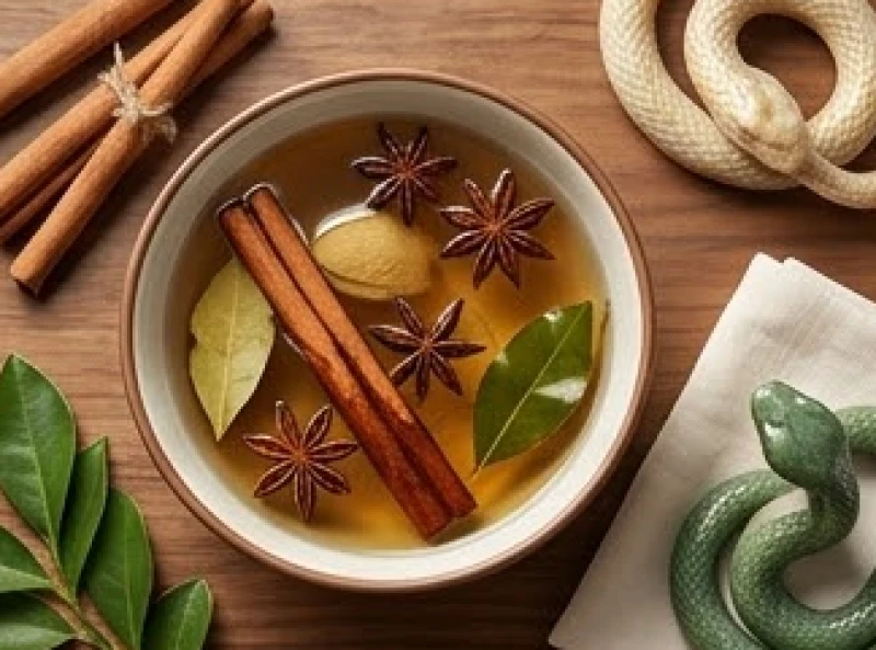 Bát nước ngũ vị hương đun từ thảo mộc tỏa khói nhẹ dùng để lau sạch bề mặt linh vật rắn
