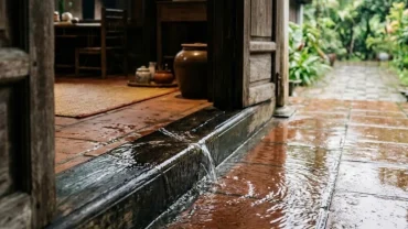 Hình ảnh dòng nước mưa trong vắt chảy qua bậc thềm giúp gia chủ giải mã hiện tượng nước tràn vào nhà là điềm gì