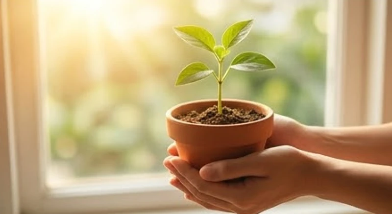 Mơ thấy bạn cũ: Giải mã tâm lý, điềm báo và hướng xử lý 5 Bàn tay nâng niu một chậu cây mầm nhỏ xanh tốt đặt trên bậu cửa sổ đón nắng mai, tượng trưng cho sự khởi đầu mới