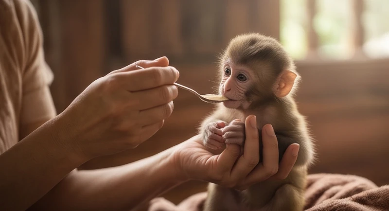 Cảnh một bàn tay đang ân cần vuốt ve chăm sóc chú khỉ con nhỏ bé ngay trong không gian sống gia đình tĩnh lặng