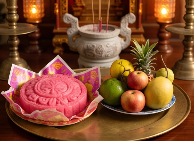 Văn khấn tại miếu: Hướng dẫn sắm lễ, bài trí và bài khấn chuẩn 2 Tháp oản hồng tài lộc và đĩa hoa quả tươi được sắp xếp trang trọng trên mâm bồng