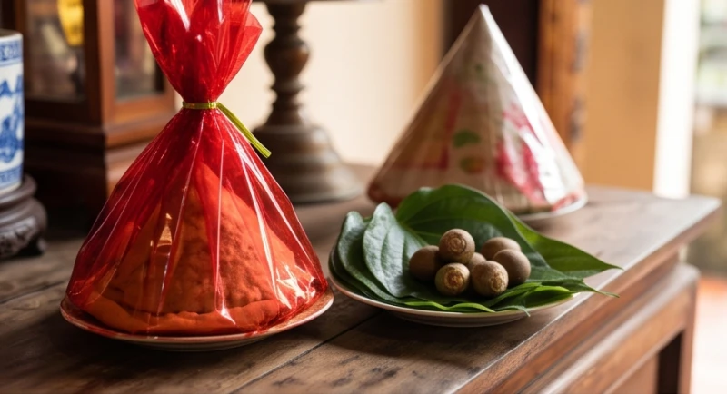 Văn khấn miếu Cô: Bài mẫu điền từ và bảng màu đồ mã chuẩn 2 Tháp oản tài lộc bọc giấy bóng đỏ và mâm ngũ quả tươi sáng đặt cạnh đĩa trầu cau trên ban thờ