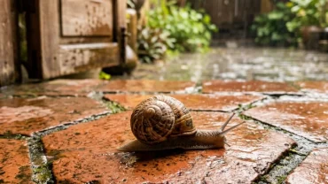 Chú ốc sên có vỏ đang bò trên thềm gạch giúp giải đáp thắc mắc ốc bò vào nhà là điềm gì