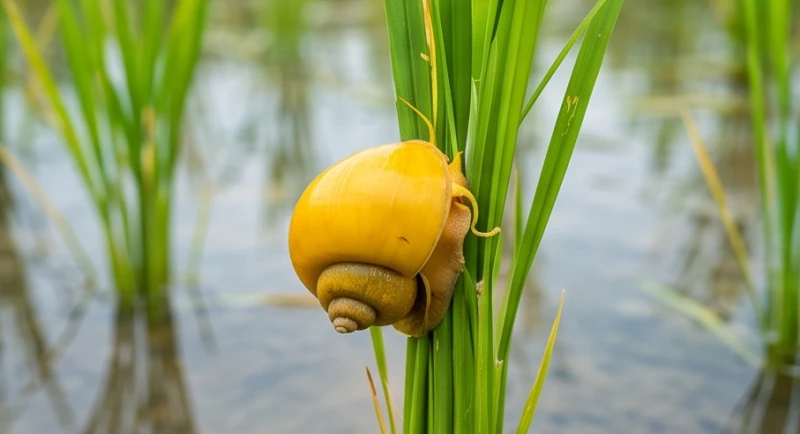 Một con ốc bươu vàng với lớp vỏ sáng rực đang bám trên thân cây lúa non