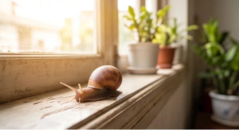 Con ốc sên chậm rãi trườn qua bậu cửa sổ đón ánh nắng mặt trời buổi sáng