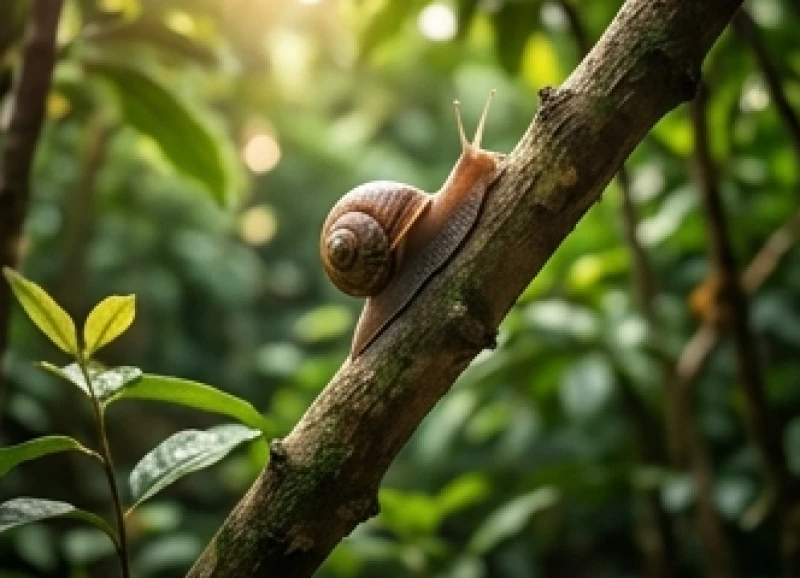 Con ốc sên nhỏ đang kiên trì vươn mình bò lên một cành cây cao giữa khu rừng xanh thẳm