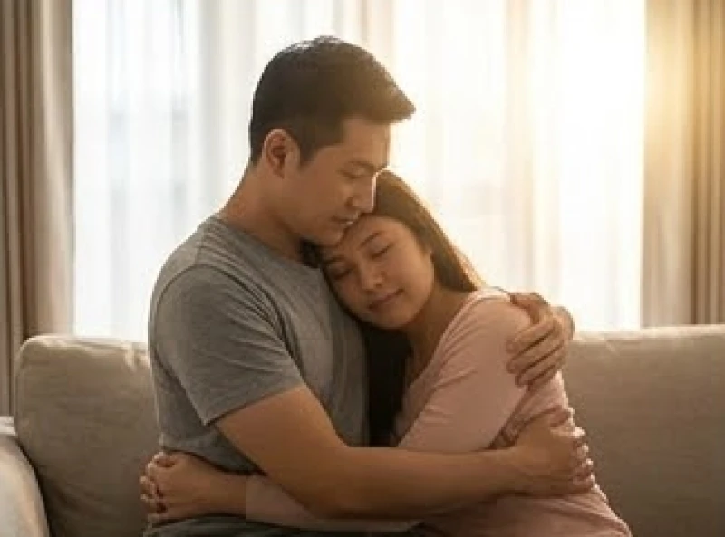Mơ thấy người yêu hiện tại gặp lại người cũ: Điềm báo & ứng xử 9 Chàng trai ôm chặt bạn gái vào lòng để vỗ về và xoa dịu những lo âu sau một đêm ác mộng
