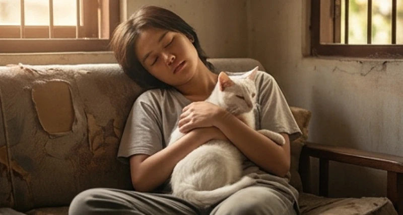 Một người đang mệt mỏi nhắm mắt và ôm chặt chú mèo cưng vào lòng để tìm kiếm sự an ủi