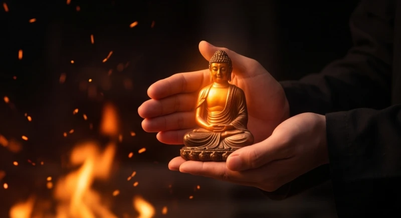 Mơ thấy chùa bị cháy: Điềm báo, con số và nghi thức hóa giải 5 Bàn tay thành kính ôm giữ bức tượng Phật nhỏ bằng đồng nguyên vẹn giữa khung cảnh hỗn loạn của đám cháy rực rỡ