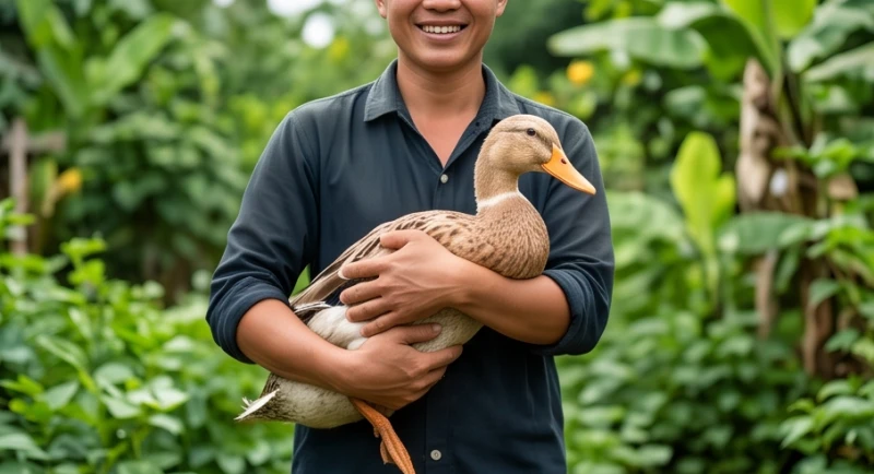 Mơ thấy bắt vịt: Giải mã bối cảnh và con số tài lộc 3 Người đàn ông tươi cười ôm chặt một con vịt sống khỏe mạnh trên tay sau cuộc rượt đuổi