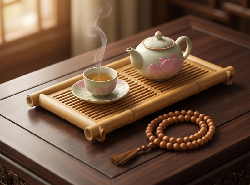 Khay trà sen thanh tao cùng chuỗi hạt gỗ trên bàn tượng trưng cho sự an yên ở tuổi trung niên