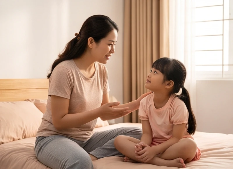 Mẹ đang ân cần trò chuyện và an ủi bé gái trong phòng ngủ để giải tỏa tâm lý