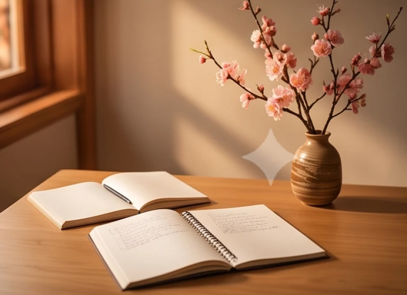 Góc bàn học được trang trí bằng một cành hoa đào nhỏ nở rộ báo hiệu mùa xuân sắp về