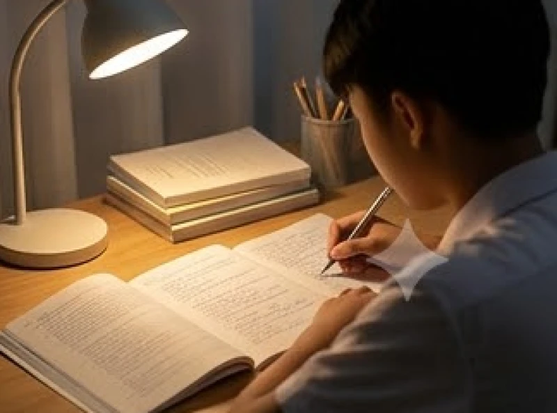 Học sinh cặm cụi ôn tập dưới ánh đèn vàng ấm áp để chuẩn bị chu đáo cho kỳ thi cuối năm học