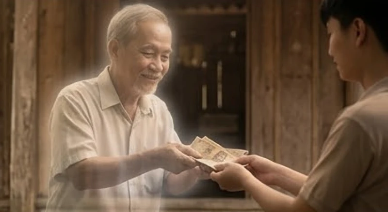 Khuôn mặt hiền hậu của ông bà mỉm cười trao tiền bảo hộ cho con cháu
