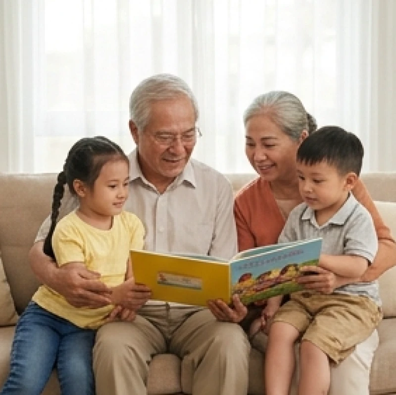 Ông bà lớn tuổi tươi cười hạnh phúc khi cùng các cháu nhỏ đọc sách trong không gian phòng khách bình yên