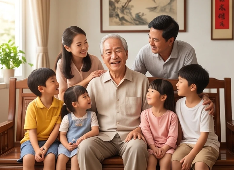 Người ông nở nụ cười hiền hậu đang ngồi kể chuyện và khuyên bảo các cháu nhỏ trong phòng khách