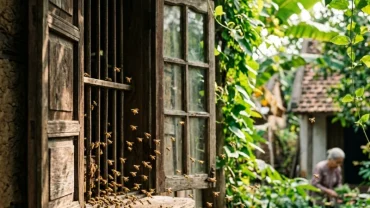 Hiện tượng ong bay vào nhà là điềm gì qua góc nhìn cận cảnh đàn ong mật đang bay lượn bên ô cửa sổ gỗ