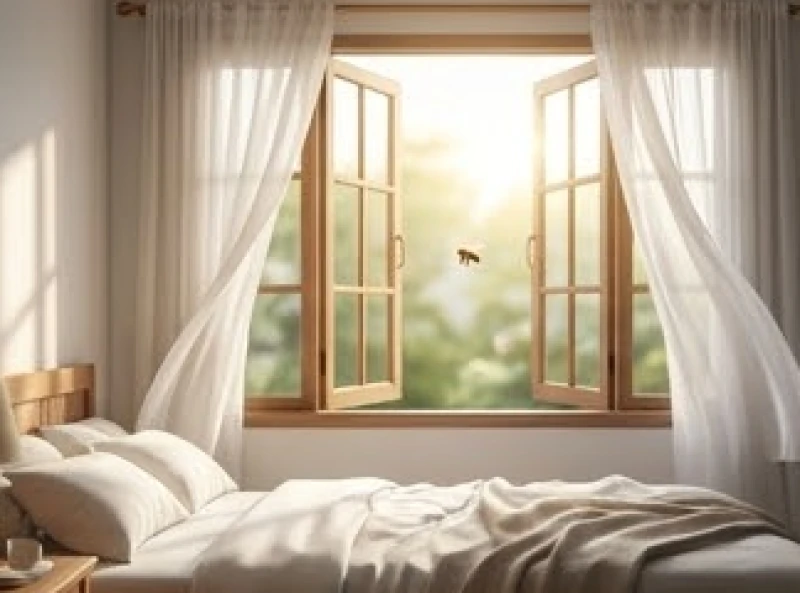 Cửa sổ phòng ngủ mở rộng với rèm vải mỏng bay bay để đón gió và hướng cho côn trùng tự bay ra