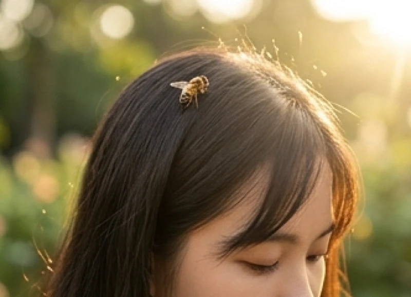 Chú ong nhỏ hiền lành đậu nhẹ trên mái tóc của một cô gái dưới ánh nắng buổi sáng rực rỡ