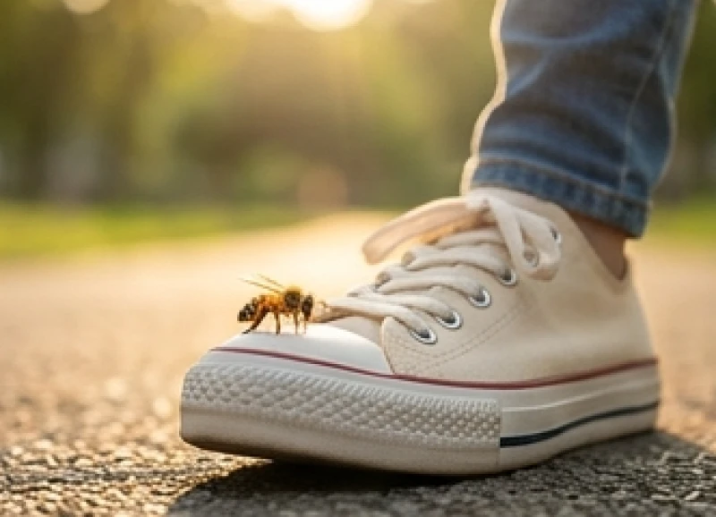 Con ong nán lại trên mu bàn chân hoặc mũi giày thể thao của người đang dạo bước trong công viên