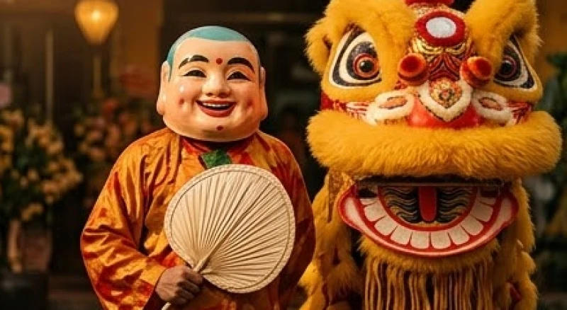 Mơ thấy múa lân: Điềm báo, số tài lộc và cách hóa giải 3 Mặt nạ Ông Địa hiền hòa tay cầm chiếc quạt nan đi theo đoàn lân sư rồng mang lại ý nghĩa nạp tài