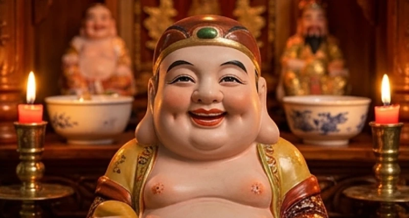 Nụ cười rạng rỡ của bức tượng ông Địa bằng gốm sứ đặt trang trọng trên không gian thờ tự tại gia