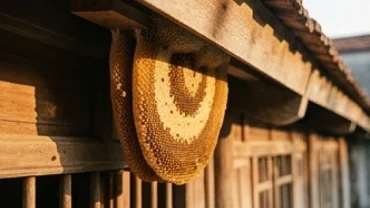 Tổ ong thiên nhiên làm trên mái hiên nhà bằng gỗ truyền thống giúp giải đáp ong làm tổ trong nhà là điềm gì