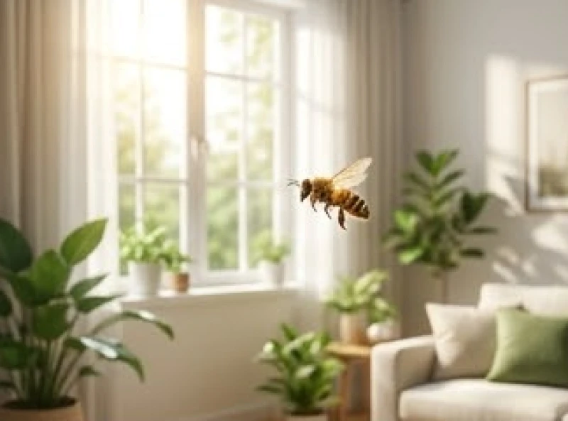 Một chú ong mật hiền lành đang bay lượn nhẹ nhàng trong không gian phòng khách sáng sủa